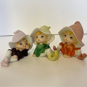 Homco Vintage Pixie Elves Elf Set of 3 Fairy Girls Figurine #5213 Taiwan Garden